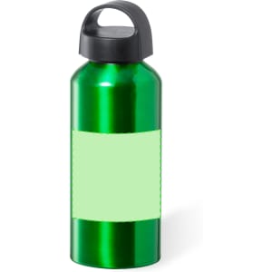 A green aluminium drink bottle with a black cap and a blank label.
