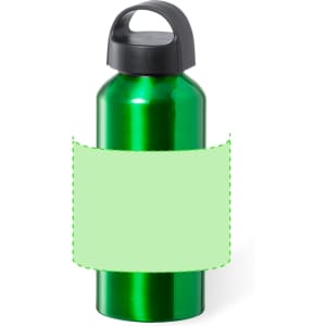 A drink bottle in bright green with a black lid and a blank area for custom branding.