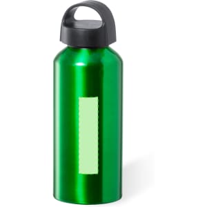 A drink bottle in shiny green metal with a black lid and a logo.