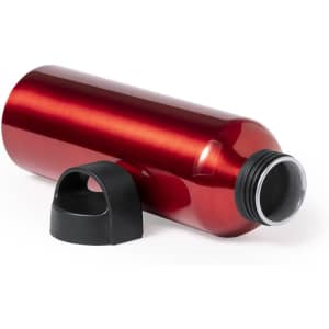 A drink bottle in shiny red with a black cap, featuring a sleek and cylindrical design. It has a logo on its surface.