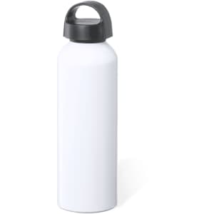 A drink bottle in white with a black lid and a handle, featuring a logo. Suitable for various beverage types.