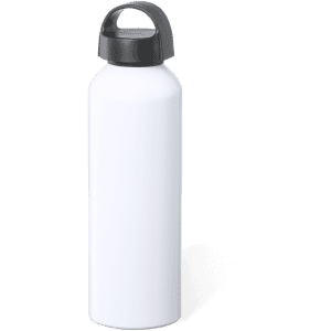 A drink bottle in white with a grey cap and handle, featuring a logo on the surface.