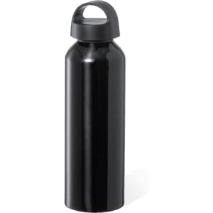 A drink bottle in glossy black with a handle on top and a logo.