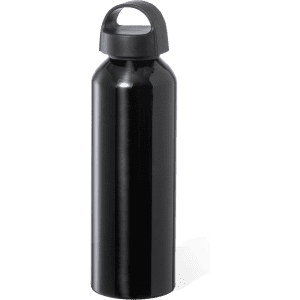 A drink bottle in sleek black, featuring a rounded body and a handle for easy carrying. It has a logo on the front.