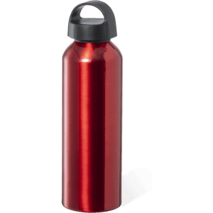 A drink bottle in a shiny red finish with a black top and a handle. It features a logo.