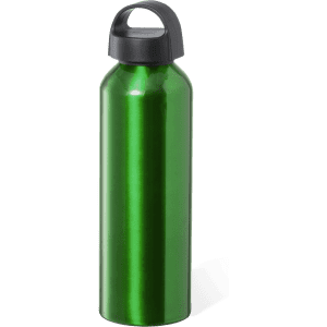 A green drink bottle with a black lid and handle, featuring a smooth, shiny finish and a logo.