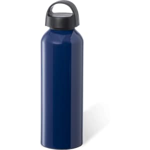 A drink bottle in navy blue with a black lid and handle, featuring a logo.