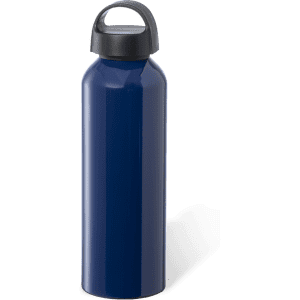 A drink bottle in navy blue with a black lid, featuring a handle and a smooth surface.