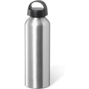 A drink bottle in stainless steel with a black lid, featuring a simple and sleek design.