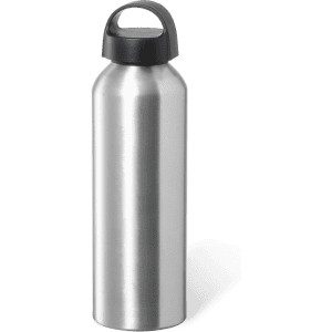 A drink bottle in silver stainless steel with a black lid and a loop handle, featuring a logo.