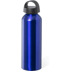 A drink bottle in shiny blue with a black handle and a sleek design. Features a logo on the surface.