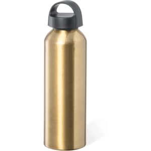 A drink bottle in a shiny gold finish with a black lid and handle, featuring a logo.