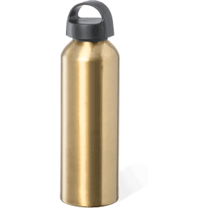 A drink bottle in a shiny gold finish with a black cap and a carry handle. It has a logo on the side.
