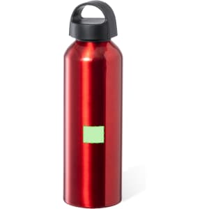 A drink bottle in shiny red aluminium with a black lid and a logo on the side.