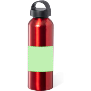 A drink bottle in shiny red metal with a black top and a green label area for customisation.