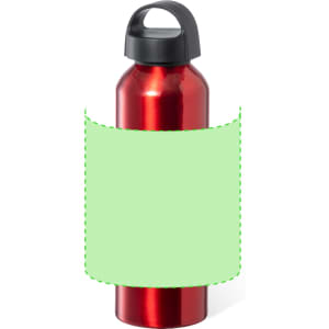 A drink bottle with a shiny red exterior and a black lid, featuring a logo on its surface.