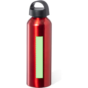 A red drink bottle with a black lid and an empty rectangular section for customisation. It features a logo.