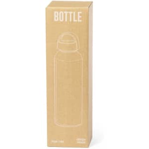 A drink bottle in a brown cardboard packaging, featuring a light green hue and a lid, with a logo displayed.