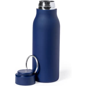 A drink bottle in navy blue with a silver top, featuring a removable cap adorned with a ring.