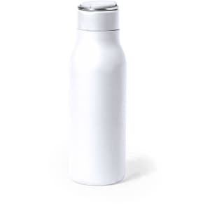 A drink bottle in a sleek white finish, featuring a silver lid and branding. Ideal for everyday hydration.