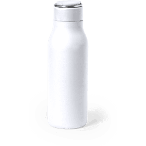 A drink bottle in white with a sleek design and a matching lid, featuring a logo on the body.
