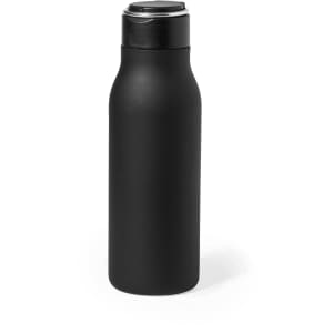 A drink bottle in matte black, featuring a sleek design and a silver lid, with a logo present on the surface.