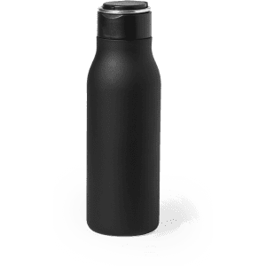 A drink bottle in matte black with a screw-top lid, featuring a sleek, modern design and a branding logo.
