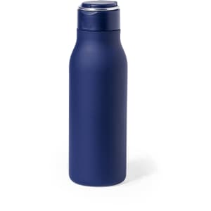 A drink bottle in a sleek navy blue design with a plastic lid and a matte finish. It features a logo.