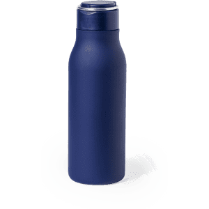 A drink bottle in navy blue with a sleek design and a lid, featuring a simple logo.
