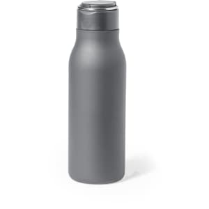A drink bottle in grey with a sleek design and a secure lid, featuring a branding logo.