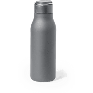 A drink bottle in matte grey with a sleek design and a cap, featuring a logo.