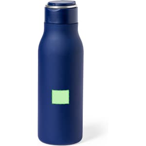 A drink bottle in navy blue featuring a sleek design and a prominent logo area.