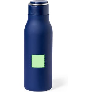 A drink bottle in navy blue with a smooth finish and a silver lid. It features a blank area for customisation.