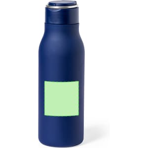 A drink bottle in navy blue with a matte finish, featuring a blank rectangular space and a silver lid.