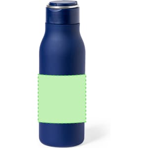 A drink bottle in navy blue, featuring a blank area for custom branding or labels.