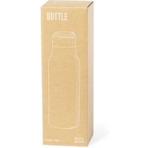 A drink bottle in a cardboard box, featuring a simple design in black. The package includes a logo.