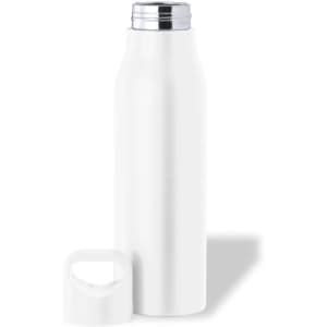 A drink bottle in white with a shiny silver cap and a removable lid. It has a simple design.
