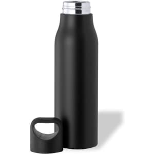 A drink bottle in matte black with a metal lid and a removable cap, featuring a logo.