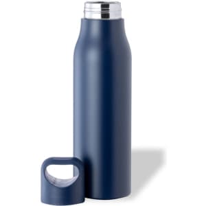 A drink bottle in navy blue with a stainless steel cap, featuring a logo and a removable lid.