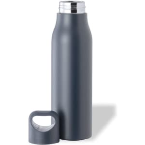 A drink bottle in matte grey with a screw-top lid and a removable cap. It features a logo on the body.