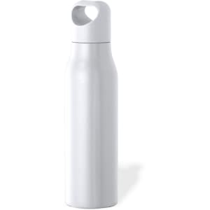 A drink bottle in sleek white with a modern design and a logo on the body.