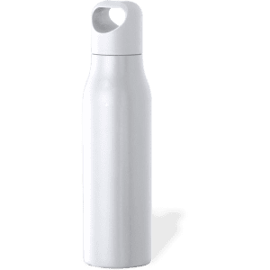 A drink bottle in sleek white with a convenient handle and a minimalist design, featuring a logo.
