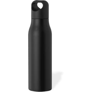 A drink bottle in sleek black with a curved design and a functional top opening. It features a logo.