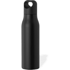 A drink bottle in matte black with a sleek design and a built-in handle. It features a logo on the surface.