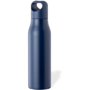 A drink bottle in navy blue with a sleek design and a handle at the top, featuring a logo.