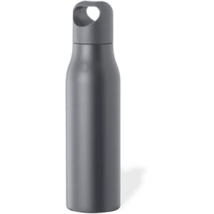 A drink bottle in grey with a sleek design, featuring a curved body and a top opening. It has a logo.