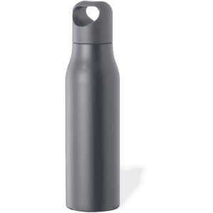 A drink bottle in a sleek grey design with a rounded shape and a built-in handle. It features a logo.