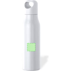 A drink bottle in white, featuring a marked area for custom branding.