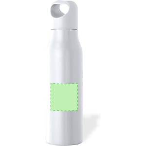 A drink bottle in white with a green marked area for custom branding. Features a handle for easy carrying.