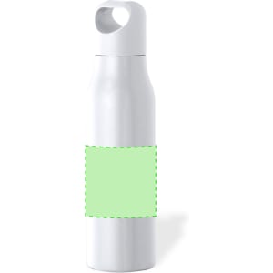 A drink bottle in white with a blank green label area and a wide, rounded cap. It features a logo.